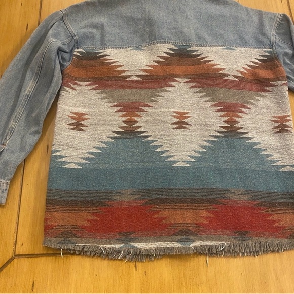 Denim Shacket Jacket Aztec Geometric Bohemian Colorful Woven Designs Unisex - Picture 2 of 9